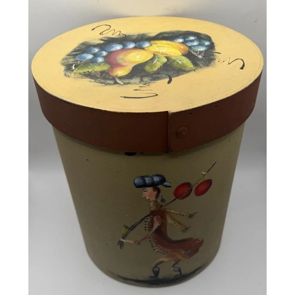Folk Art Bentwood Pantry Box Vintage Hand Painted Fruit Peddler Signed 2006